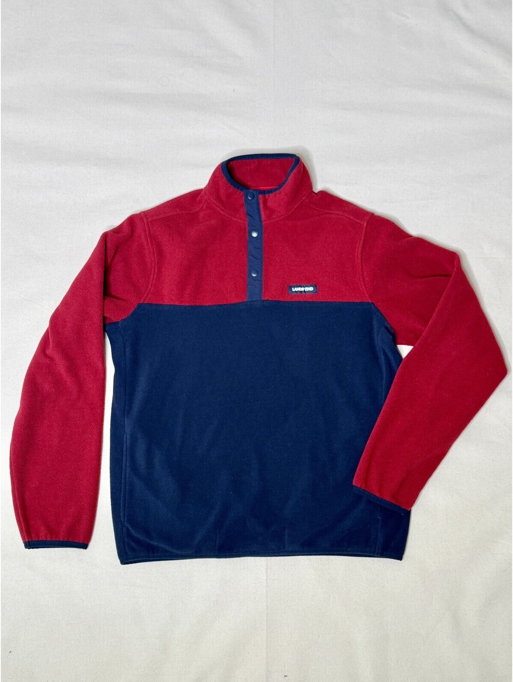 Lands’ End Men’s M Red Navy Colorblock Snap Neck Fleece Pullover